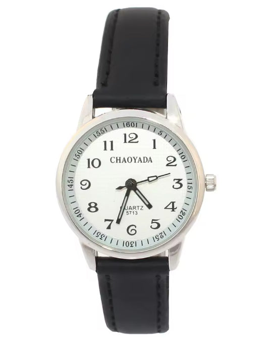 Montre pour femmes, bracelet de cuir noir, gros chiffres faciles à lire